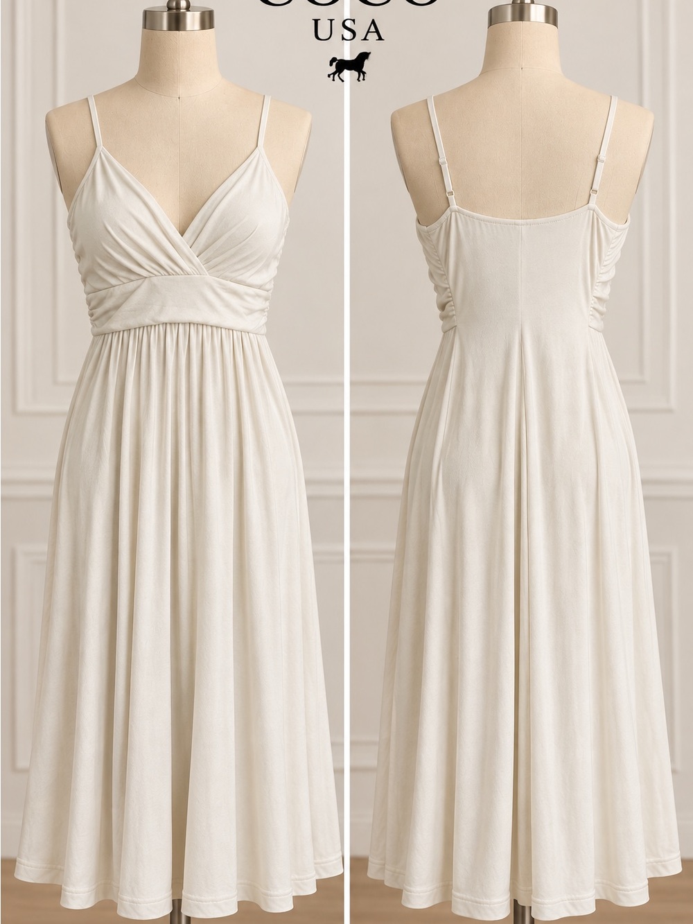 Coco USA Beige V-Neck Spaghetti Strap Empire Waist Midi Dress Size S